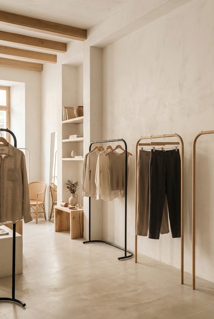 Interior de la tienda con percheros de madera, camisas de lino y pantalones colgados